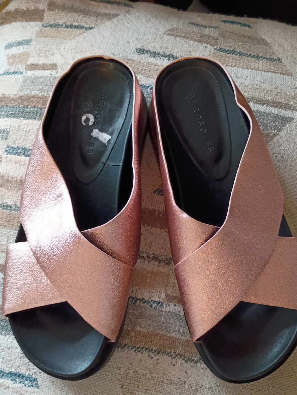 AEROSOLES Metallic Rose Gold Crossband Slide Sandals